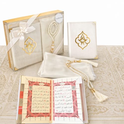 SAJADAH Muslim Prayer Rug Set - 4 in One Islamic Gifts Set, Prayer Mat, Prayer Beads, Hijab, Surahs Book,Eid Gifts - color: Cream