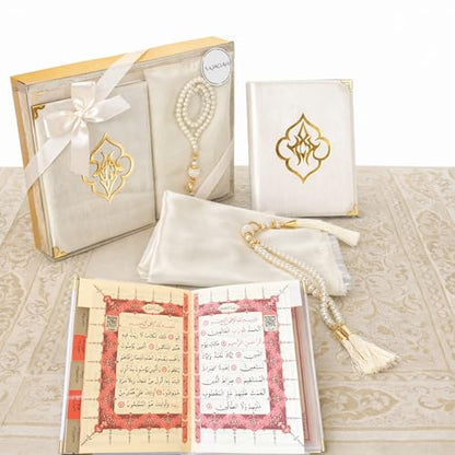 SAJADAH Muslim Prayer Rug Set - 4 in One Islamic Gifts Set, Prayer Mat, Prayer Beads, Hijab, Surahs Book,Eid Gifts - color: Cream