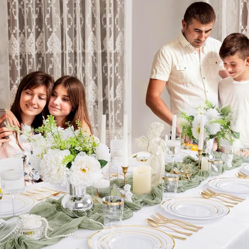 Supernal 200pcs Gold Plastic Dinnerware included 25 Party Dinner Plates 25 Dessert Plates 25 Disposable Cups and 25 Paper Napkins Disposable 25 Spoons 25 Knives 50 Forks for Party and Wedding - color: 200pcs White and Gold Plastic Dinnerware