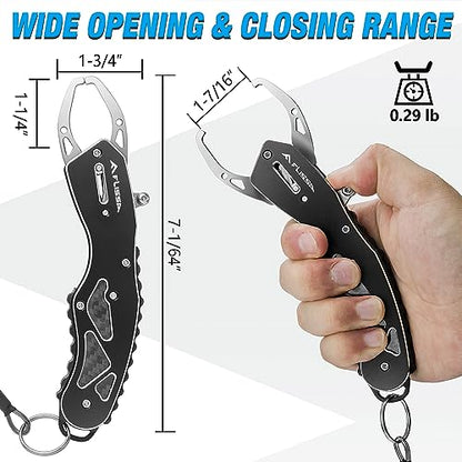 FLISSA Fish Gripper, Fish Lip Grip Tool with Carabiner and Spring Anti-Lost Rope, Durable Stainless Steel Fish Grabber Gripper, Lightweight Holder for Fishing, Corrosion Resistant & Portable
