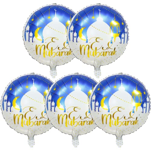5 Pcs Eid Mubarak Balloons Ramadan Decorations, Round Eid Mubarak Balloons for Muslim Ramadan Kareem Party Decor