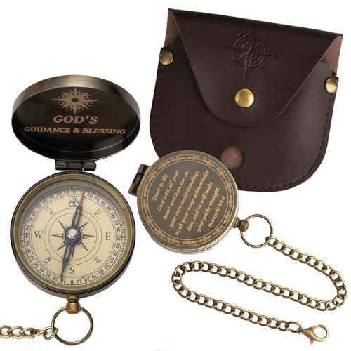 God's Guide & Blessing Compass, Trust in The Lord Compass, Wood Box Greeting, Inspirational Gift Men, Christian Boys Baptism Gifts, Graduation Day with Wooden Box - color: 4.Bronze Trust in The Lord PU Leather