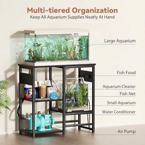 GRLEAF 5-10 Gallon Fish Tank Stand with Power Outlets, 4 Tier Metal Aquarium Stand with Wood Storage Shelves, 20.3" L x 10.6" W x 30.3" H Turtle Reptile Fish Tank Table Aquarium Table - Black - size: 5-10 Gallon