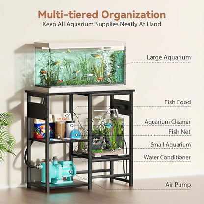 GRLEAF 5-10 Gallon Fish Tank Stand with Power Outlets, 4 Tier Metal Aquarium Stand with Wood Storage Shelves, 20.3" L x 10.6" W x 30.3" H Turtle Reptile Fish Tank Table Aquarium Table - Black - size: 5-10 Gallon