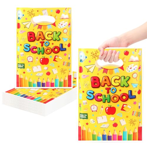 vueuKiGE Back to School Treat Bags, 50 PCS Back to School Gift Bags with Handles, 7"x10" Plastic First Day of School Cookie Goodie Candy Party Favor Bag for Classroom School Party Decoration Supplies - color: Back to School, size: 1 Count (Pack of 50)