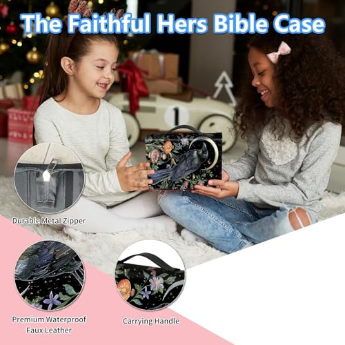 Bible Cover Case for Women, PU Leather Large Bible Cases with Zipper Fits Books Up to 12" x 9" x 2.76”, Bible Carrying Bag for Men, Moon Raven - color: Moon Raven