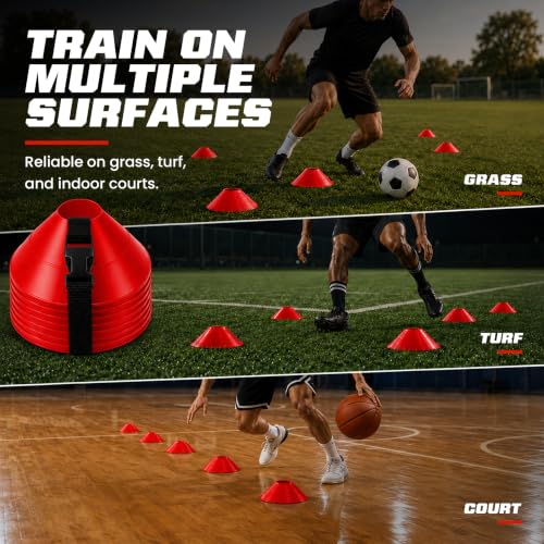 American Challenge Large Disc Cones – Set of 6 Agility Cones for Sports Training – Compact Soccer Cones with Carry Strap for Drills & Practice - color: Red