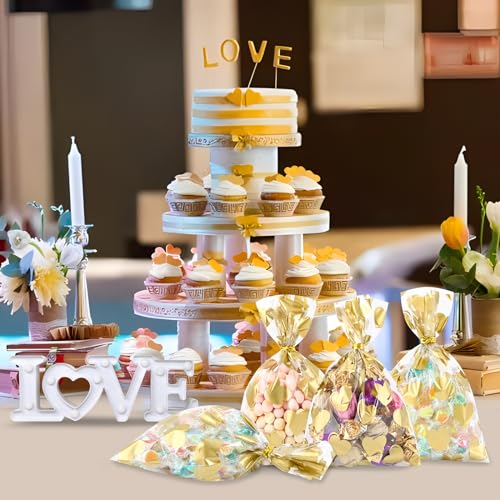 COQOFA 100 Pcs 5x7 IN Gold Heart Cello Cellophane Gift Bags for Baby Shower, Valentine, Wedding, Birthday with Twist Ties - color: Gold Heart, size: 5x7 in