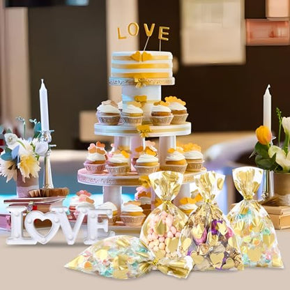COQOFA 100 Pcs 5x7 IN Gold Heart Cello Cellophane Gift Bags for Baby Shower, Valentine, Wedding, Birthday with Twist Ties - color: Gold Heart, size: 5x7 in