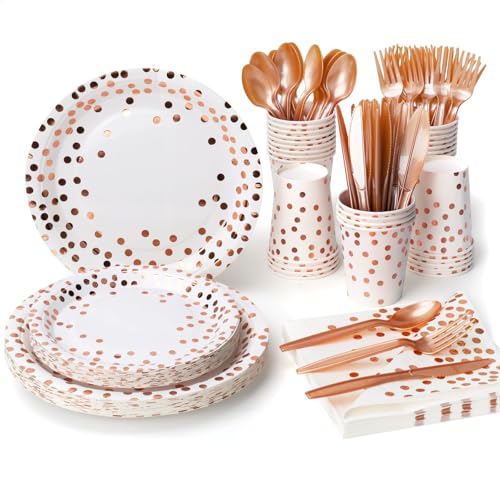 Lzerking Party Supplies Set - 210 Pieces of White and Rose Gold Dot Wedding Paper Plates, Cups, Napkins, and Heavy Duty Silverware for 30 Guests for Birthdays, Graduation, Festivals - color: Rose Gold Dot-210 Pieces