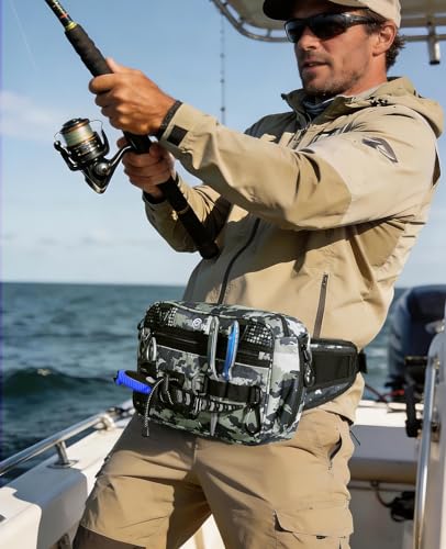 CVLIFE Fishing Tackle Bag Waist Pack with Rod Holder, Waterproof Fanny Pack | 900D Fabric, Convertible Carry, Detachable Shoulder Strap, Landing Net Holster, 3600 Tackle Box, Waterproof Pouch, Carabiners - color: Tactical Camo