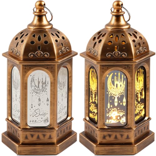 2PCS LED Ramadan Lantern Lights Gold Moon Castle Meteor Design for Eid Mubarak Gifts Home Decorations Table Wall and Eid Centerpieces（Bronze） - color: Bronze