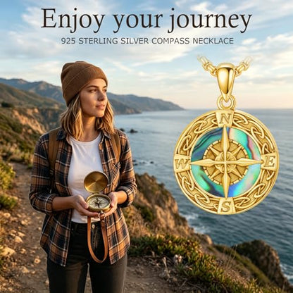 Graduation Gifts for Women 925 Sterling Silver Compass/Graduation/Vet/Cross/Stethoscope Necklace for Women - color: Compass-Abalone Shell-Yellow Gold