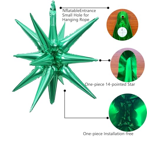 6 Pcs Green Star Foil Balloons One-Piece 14-Pointed Star Balloon 4D Cone Mylar 22inch Christmas Birthday Wedding Fireworks Shape Party Supplies (Green) - color: Green