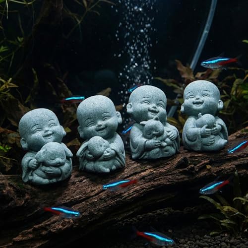 4pcs Mini Buddha Statue with Animal Companion, Aquarium Decor, Feng Shui Zen Monk Sandstone Sculpture, Cute Small Fish Tank Ornament for Home Garden, Buddha Decoration