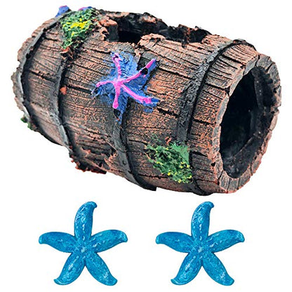 GSD Star-Fish Broken Barrel Decor Resin Betta Tank Accessories Ornaments for Cave Hide Decorations, Broken Barrel x 1pc, Blue Star Fish Ornaments x 2pcs