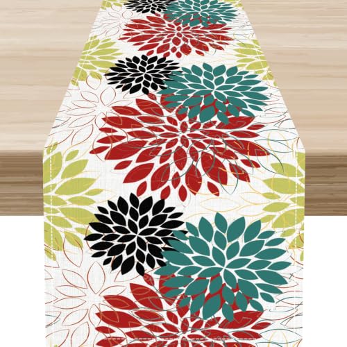 Boho Floral Table Runner, Vintage Red Green Dahlia Flower Vibrant Rustic Spring Modern Farmhouse Kitchen Dining Table Scarf for Holiday Kitchen Living Room Home Party 13x36 inch - color: Dahlia-10, size: 13x36" Table Runner