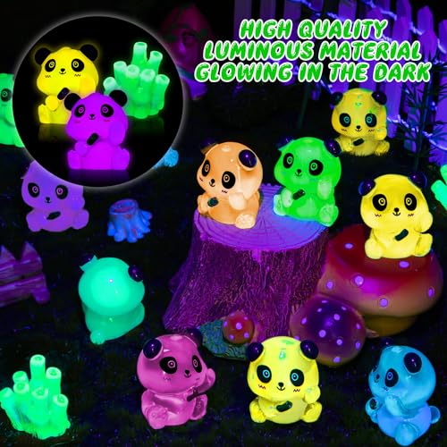 18PCS Luminous Mini Resin Panda Figurines with 2 Bamboos for Dollhouse | Cute Panda Figurines Miniature, Glow in The Dark Mini Panda Bamboo Bulk, Cake Topper, Micro Landscape, Garden DIY - style: MiniPanda 20PCS
