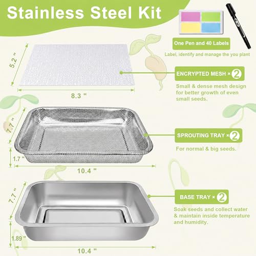 Microgreens Growing Kit 2-Tier 10.4 Inch Sprouting Trays | Stainless Steel Seed Sprouter with 0.3mm Encrypted Silicone Mesh,Beans Broccoli Alfalfa and Wheatgrass Sprouts Growing Kit - size: 10.4"L × 7.67"W Tray