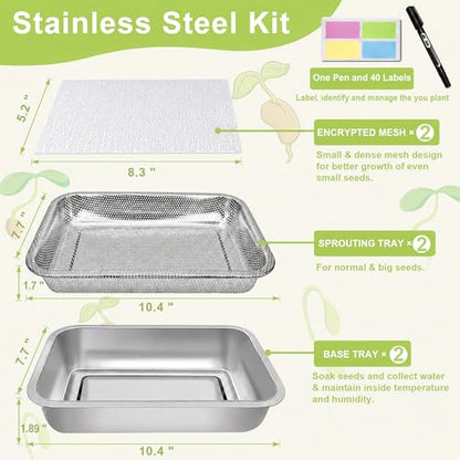Microgreens Growing Kit 2-Tier 10.4 Inch Sprouting Trays | Stainless Steel Seed Sprouter with 0.3mm Encrypted Silicone Mesh,Beans Broccoli Alfalfa and Wheatgrass Sprouts Growing Kit - size: 10.4"L × 7.67"W Tray