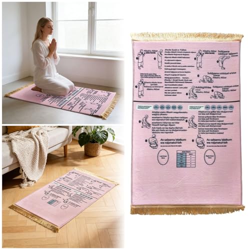 Bilingual Guided Prayer Mat with English Reading & Arabic Recitation Guide, Non-Slip Salah Prayer Mat with Instructions for Prayer Learning, Meditation (Pink, 80x120cm)