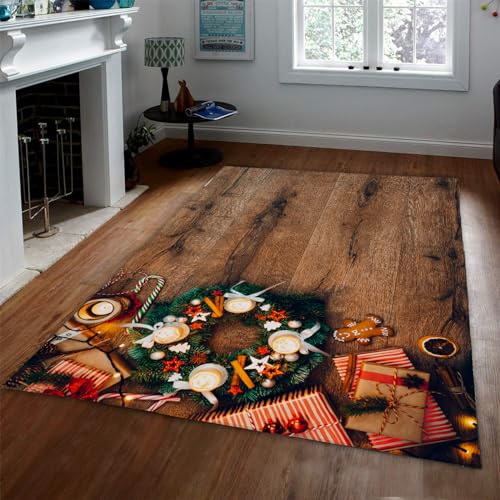 Merry Christmas Rugs Kitchen Christmas Garland Gift Candy Cane Floor Mat Biscuit Wood Farmhouse Rugs for Kitchen with Rubber Backing 6'x10' - size: 6'x10'