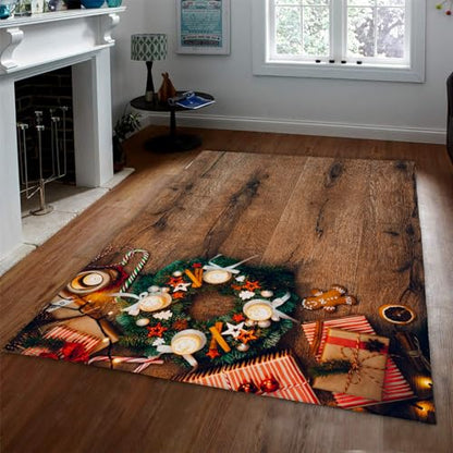 Merry Christmas Rugs Kitchen Christmas Garland Gift Candy Cane Floor Mat Biscuit Wood Farmhouse Rugs for Kitchen with Rubber Backing 4'x8' - size: 4'x8'