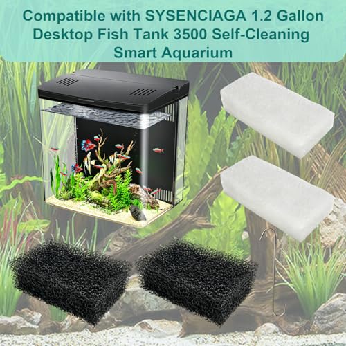 5-Pack Aquarium Filter Media Set Compatible with SYSENCIAGA 1.2 Gallon Desktop Fish Tank 3500 Self-Cleaning Smart Aquarium (Includes 2 Sponge Filters, 2 Foam Filters & 1 Filter Hook)