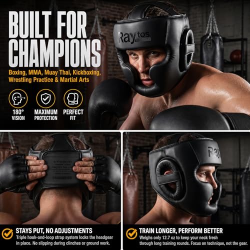 Boxing Headgear for Men Women – Professional Lightweight Open Face Head Guard, Breathable Protection, Secure Fit for MMA Muay Thai Kickboxing Sparring Training - color: Black