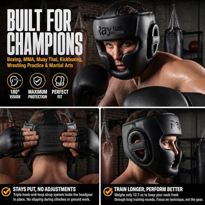 Boxing Headgear for Men Women – Professional Lightweight Open Face Head Guard, Breathable Protection, Secure Fit for MMA Muay Thai Kickboxing Sparring Training - color: Black