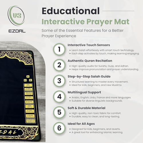 Smart Interactive Prayer Mat V3 – Touch Sensor Quran Recitations Multilingual Portable Foldable Salah Mat - Islamic Audio Prayer Rug for Kids Women Men & Adults
