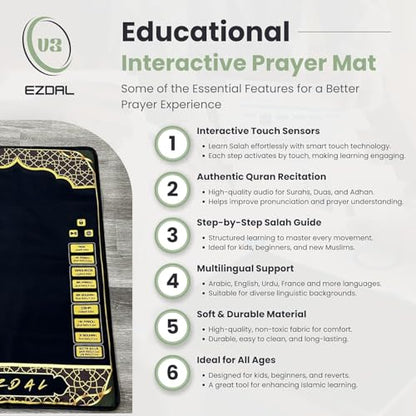 Smart Interactive Prayer Mat V3 – Touch Sensor Quran Recitations Multilingual Portable Foldable Salah Mat - Islamic Audio Prayer Rug for Kids Women Men & Adults
