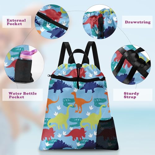 Dinosaur Drawstring Backpack, 15” x 17” Waterproof Swim Bag for Beach Swimming Pool, Lightweight Foldable Gym Bag with Water Bottle Holder for Sports Travel - color: Blue Cartoon Dinosaurs
