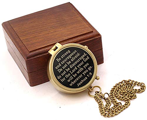 Compass – Brass Directional Vintage Compass Engraved with “Be Strong and Courageous” Joshua 1:9 Bible Verse, Baptism 2026 Communion Christian Inspirational Gifts for Women/Men - style: Be Strong - Wood Box
