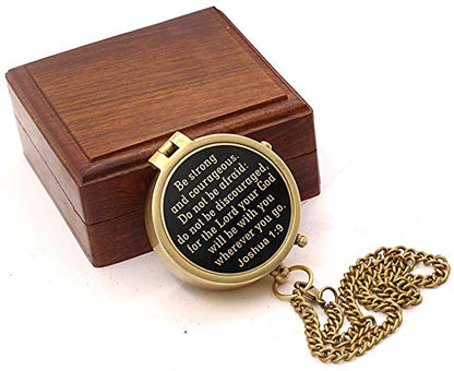 Compass – Brass Directional Vintage Compass Engraved with “Be Strong and Courageous” Joshua 1:9 Bible Verse, Baptism 2026 Communion Christian Inspirational Gifts for Women/Men - style: Be Strong - Wood Box