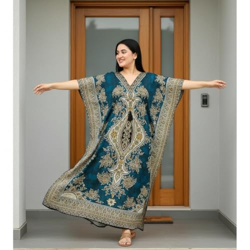 Women's Kaftan Dress – Loose Fit Maxi Gown – Kimono Style Beach Cover Up – Elegant Resort Wear and Nightwear - color: Teal Blue