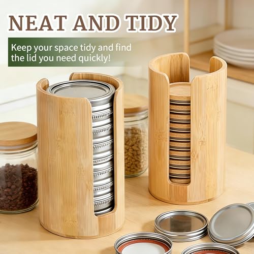 2 Pack Bamboo Mason Jar Lid Organizer for Wide & Regular Mouth Lids | Wide & Regular Mouth • Lid Holder & Organizer • Countertop Storage • Cabinet & Pantry Use • Easy Access • Space Saving