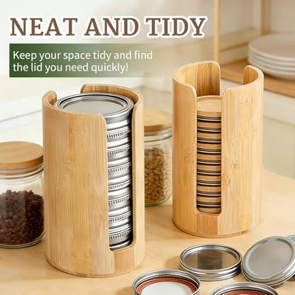 2 Pack Bamboo Mason Jar Lid Organizer for Wide & Regular Mouth Lids | Wide & Regular Mouth • Lid Holder & Organizer • Countertop Storage • Cabinet & Pantry Use • Easy Access • Space Saving