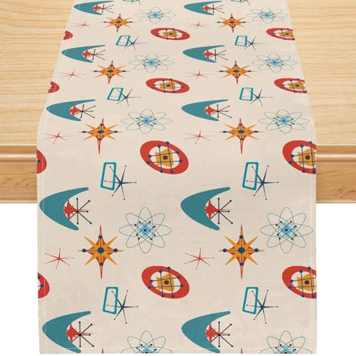 Atomic Table Runner, Mid Century Modern Retro Geometric Starburst Atomic Pattern Linen Dining Table Runner, Washable Table Decoration for Kitchen, Party, Holiday, 13×36 Inch - color: Atomic, size: 13x36inch