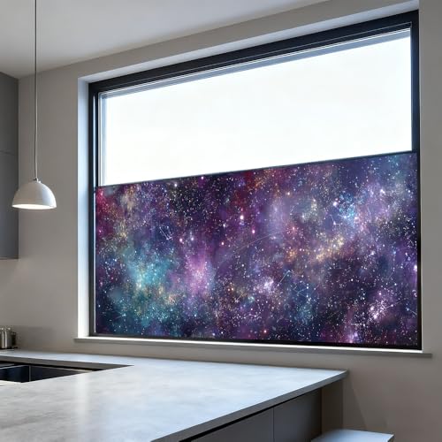 Window Privacy Film 39.37 x 17.3 in Purple Blue Galaxy Stars Cling | Galaxy and star artwork brings a dreamy cosmic look while adding privacy to bedroom, game room, office and glass doors. - color: Colorful Window#06