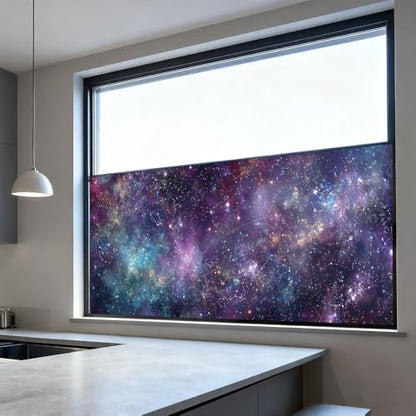 Window Privacy Film 39.37 x 17.3 in Purple Blue Galaxy Stars Cling | Galaxy and star artwork brings a dreamy cosmic look while adding privacy to bedroom, game room, office and glass doors. - color: Colorful Window#06