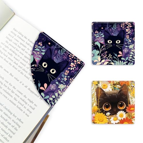 2 Pack Cat Hiding in the Flowers Leather Book Corner Bookmark, Durable Handmade Reading Accessories - Gifts for Readers, Women, Men, Teachers, Students 3 - color: 2pack-cat Hiding in the Flowers 3