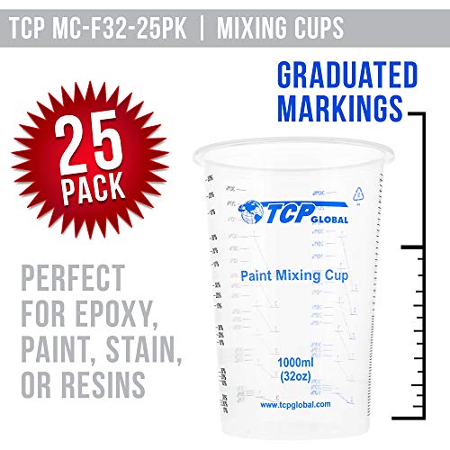 TCP Global 32 oz. (1000ml) Graduated Plastic Mixing Cups (Box of 25) - Disposable Plastic Measuring Cups for Liquids, Paints, Resin, Epoxy, Art, Kitchen - Ratios 2-1, 3-1, 4-1 ML