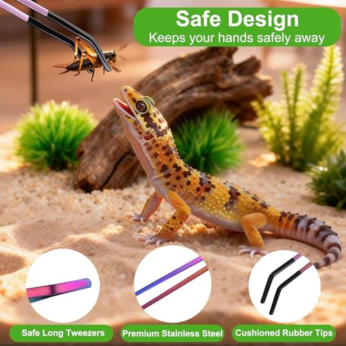 Stainless Steel Reptile Feeding Tongs & Spoon Set - 10.6" Straight & Curved Tweezers for Aquariums & Crafts - Feeder Tools with Rubber Tip for Bearded Dragons,Snake, Lizards - 3 Pack