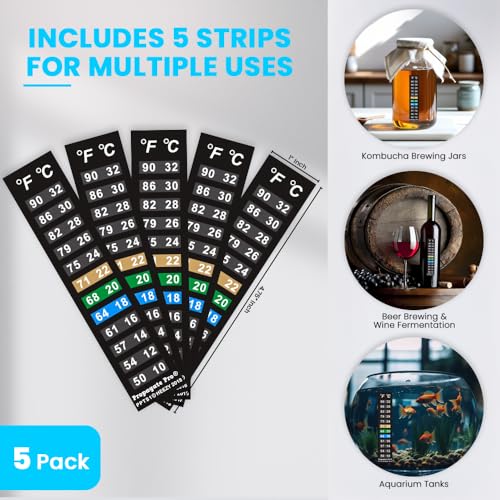 Stick On Thermometer Strip for Fish Tank, Aquarium Thermometer, Kombucha, Beer & Wine Fermentation - Vertical Temperature Strips w/Color-Changing Display, 50–90°F (10–32°C) (5-Pack)