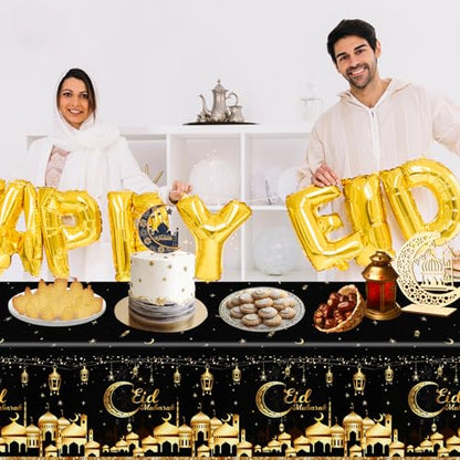 PHOGARY Eid Decorations 2 Pcs Eid Mubarak Tablecloth, Ramadan Mubarak Tablecloth Disposable Rectangle Plastic Ramadan Kareem Table Covers for Eid Al-fitr Party Ramadan Decorations 54" X108", Black