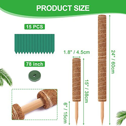 GROWNEER 42 Inch Moss Pole for Plants, 4 Pcs 15 Inch Stackable Coir Totem Support, Moss Sticks with 15pcs Labels and 78in Garden Ties, Monstera and Snake Plants Stake for Climbing Indoor