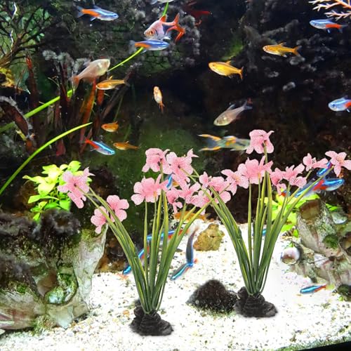UPKOCH Pink Artificial Aquarium Plants with Black Bases, 2 Pack | Fish Tank Plant Decor, Floral Accents for Aquarium Layouts, Themed Tanks and Decorative Displays