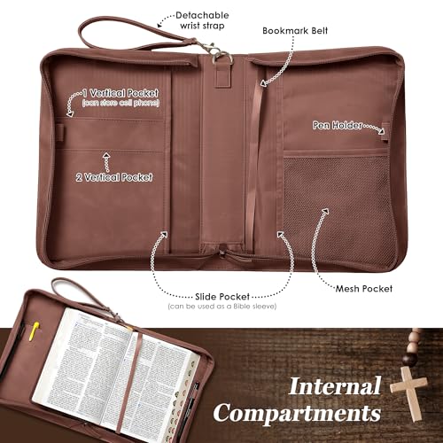 Leather Bible Cover for Women, Zippered Floral Bible Case w Pocket, Brown | Bible Study, Church, Journaling & Travel - color: Dark Brown