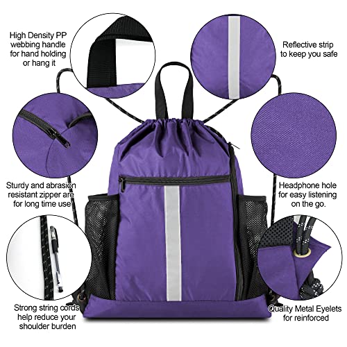 BeeGreen Purple String Bag Sack Gym Backpack with Shoe Compartment and Two Water Bottle Holder for Men Women Lightweight Durable Drawstring Cinch Sackpack - color: Purple, style: Drawstring With Shoe Compartment